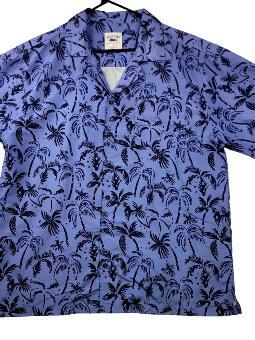 Spicy Tuna Mens Hawaiian Button-Up Shirt L Blue Black Tropical Coastal Resort